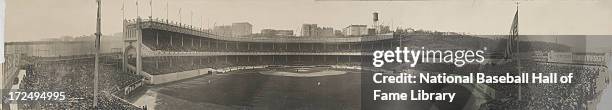 Panorama of Game 1 of the World Series game between the Boston Red Sox and the New York Giants on October 8, 1912 at the Polo Grounds in New York...