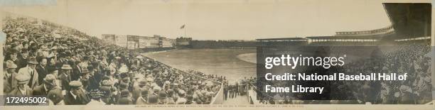 Panorama of a World Series game between the New York Giants and Boston Red Sox circa October 1912 at Fenway Park in Boston, Massachusetts. The game...