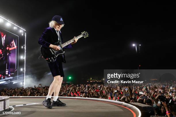 Angus Young of AC/DC performs onstage during the Power Trip music festival at Empire Polo Club on October 07, 2023 in Indio, California.