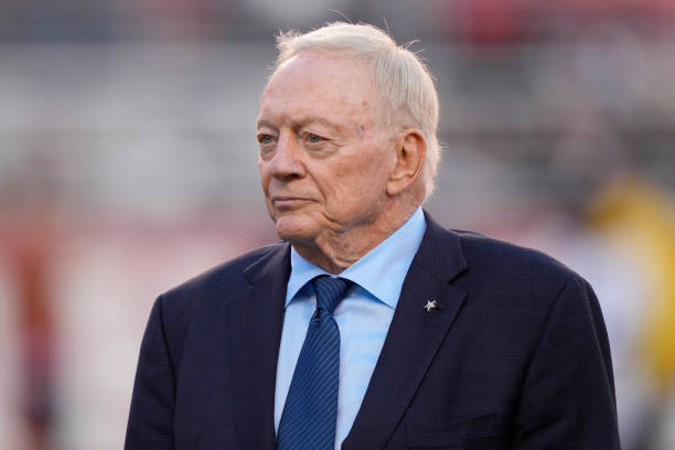 Dallas Cowboys owner Jerry Jones is seen prior to a game against the San Francisco 49ers at Levi's Stadium on October 08, 2023 in Santa Clara,...