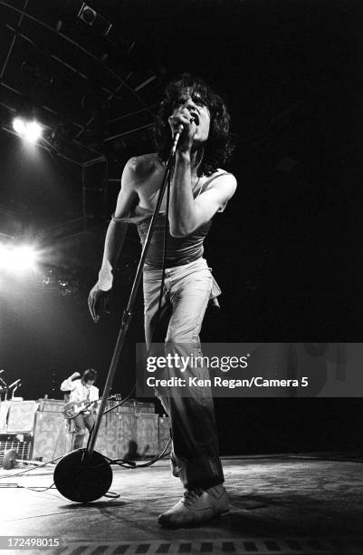 Mick Jagger of the Rolling Stones is photographed on stage in June 1975 in Baton Rouge, Louisiana. CREDIT MUST READ: Ken Regan/Camera 5 via Contour...