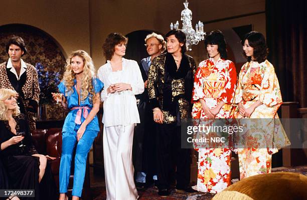 Episode 103 -- Pictured: Playboy Playmate Janis Schmitt, unknown, Playboy Playmates Karen Morton, Jeana Tomasino, unknown, Jim Varney as Hugh Hefner,...