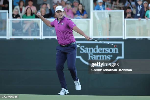 Luke List of the United States celebrates after after a putt on the first playoff hole of the final round of the Sanderson Farms Championship at The...