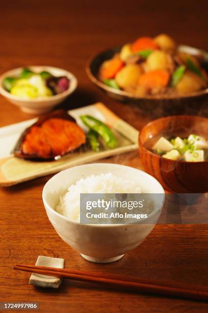 japanese style set menu - nikujaga stock pictures, royalty-free photos & images