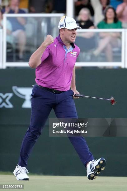 Luke List of the United States celebrates after after a putt on the first playoff hole of the final round of the Sanderson Farms Championship at The...