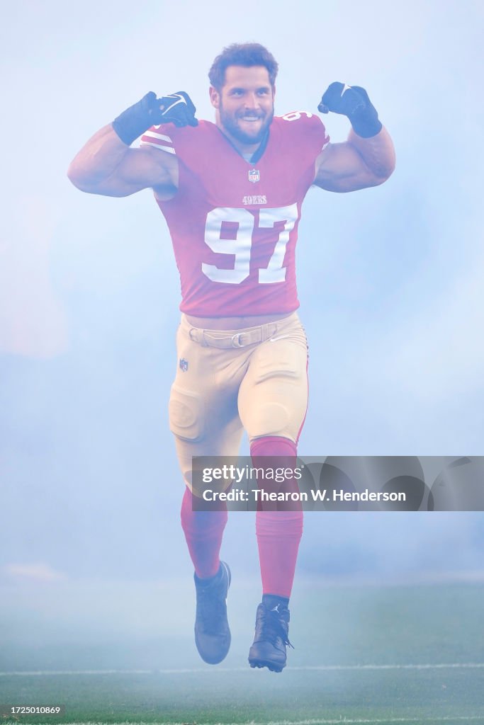 Nick Bosa of the San Francisco 49ers runs out prior to a game against