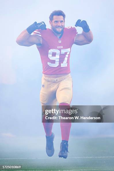 Nick Bosa of the San Francisco 49ers runs out prior to a game against