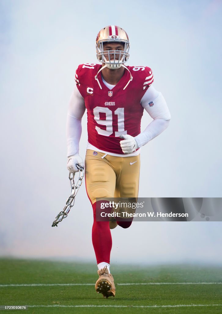 Nick Bosa of the San Francisco 49ers runs out prior to a game against