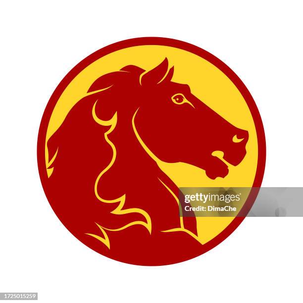 stockillustraties, clipart, cartoons en iconen met red horse head silhouette in yellow circle - cut out vector icon - bay horse