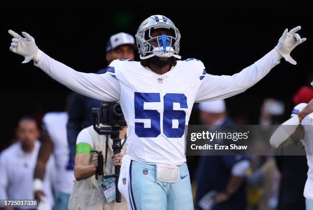 Dante Fowler Jr. #56 of the Dallas Cowboys walks out prior to a game against the San Francisco 49ers at Levi's Stadium on October 08, 2023 in Santa...