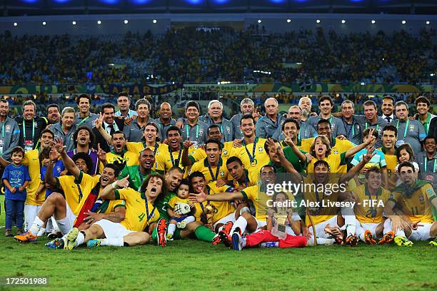 Brazil celebrate victory after the FIFA Confederations Cup Brazil 2013 Final match between Brazil and Spain at Maracana on June 30, 2013 in Rio de...