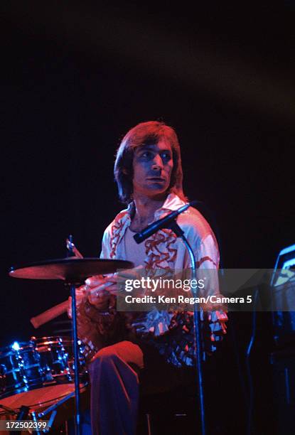 Charlie Watts of the Rolling Stones is photographed on stage during the Rolling Stones tour Exile on Main St in 1972. CREDIT MUST READ: Ken...