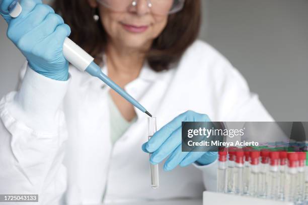 a mature latinx woman uses a pipette into a test tube while wearing a lab coat and blue protective gloves. - test tube rack stock pictures, royalty-free photos & images