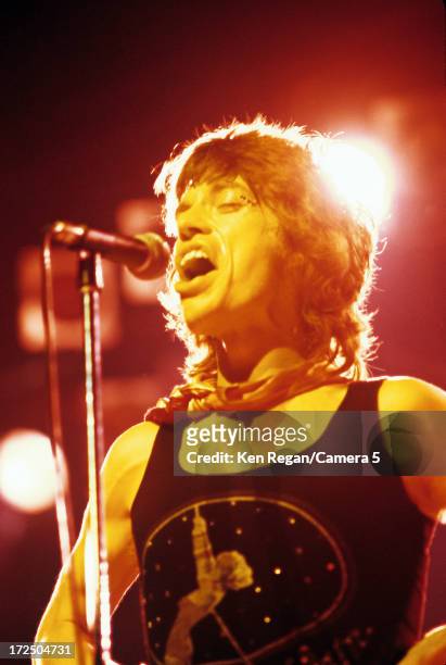 Mick Jagger of the Rolling Stones is photographed on stage in the 1970's. CREDIT MUST READ: Ken Regan/Camera 5 via Contour by Getty Images.