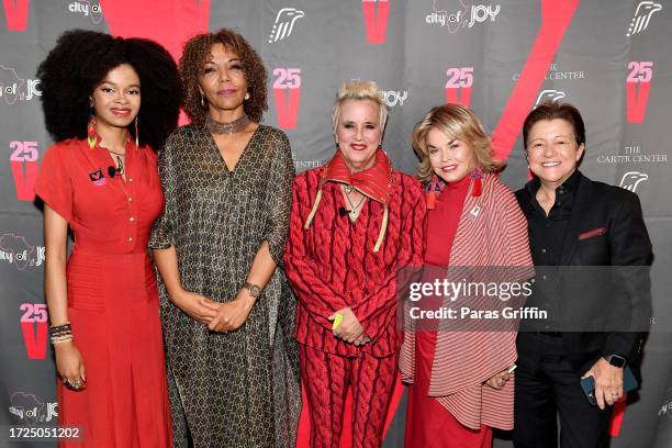 Maya Penn, Christine Schuler Deschryver, Eve "V" Ensler, Pat Mitchell and Tena Clark attend a V25 Evening of Reckoning & Rising For City of Joy at...