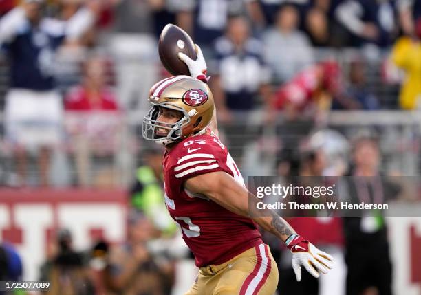 George Kittle of the San Francisco 49ers celebrates after a touchdown during the second quarter against the Dallas Cowboys at Levi's Stadium on...