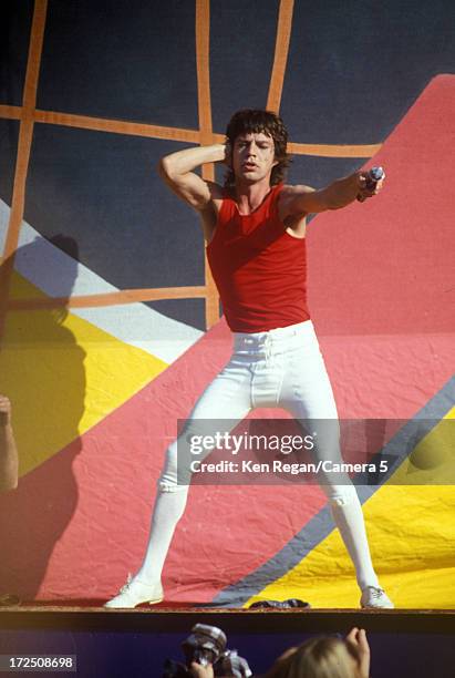 Mick Jagger of the Rolling Stones is photographed on stage at Wembley Stadium on June 25-26, 1982 in London, England. CREDIT MUST READ: Ken...