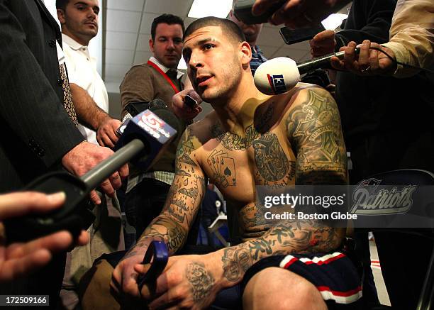 New England Patriots tight end Aaron Hernandez after practice.