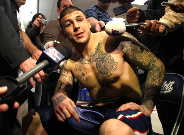 New England Patriots tight end Aaron Hernandez after practice.