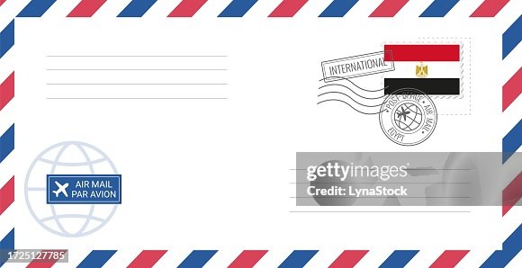 Blank air mail envelope with Egypt postage stamp. Postcard vector illustration with Egyptian national flag isolated on white background. Blank air mail envelope with Egypt postage stamp. Postcard vector illustration with Egyptian national flag isolated on white background.