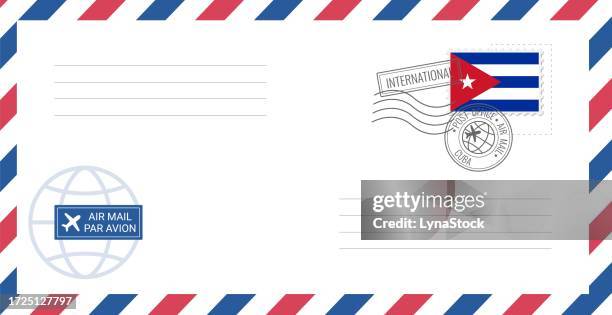 blank air mail envelope with cuba postage stamp. postcard vector illustration with cuban national flag isolated on white background. - cuba stamp stock illustrations