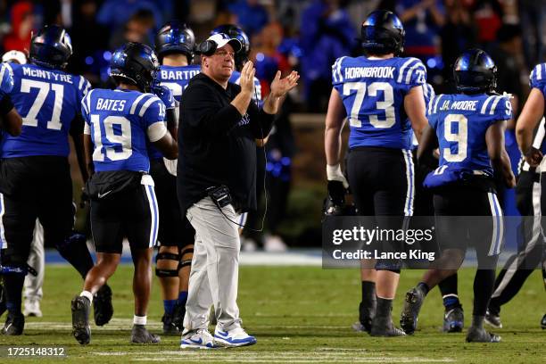 Head coach Mike Elko of the Duke Blue Devils reacts near the end of the game against the North Carolina State Wolfpack at Wallace Wade Stadium on...