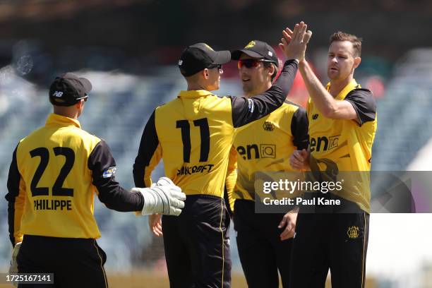 Jason Behrendorff of Western Australia celebrates the wicket of Tom Rogers of Victoria during the Marsh One Day Cup match between Western Australia...