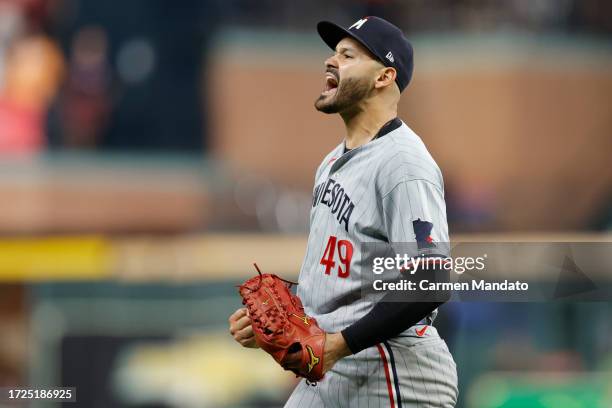 Pablo Lopez of the Minnesota Twins reacts after the final out in the seventh inning against the Houston Astros in Game Two of the Division Series at...