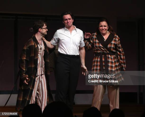 Daniel Radcliffe, Jonathan Groff and Lindsay Mendez during the opening night curtain call for "Stephen Sondheim's Merrily We Roll Along" on Broadway...