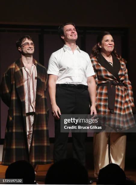 Daniel Radcliffe, Jonathan Groff and Lindsay Mendez during the opening night curtain call for "Stephen Sondheim's Merrily We Roll Along" on Broadway...