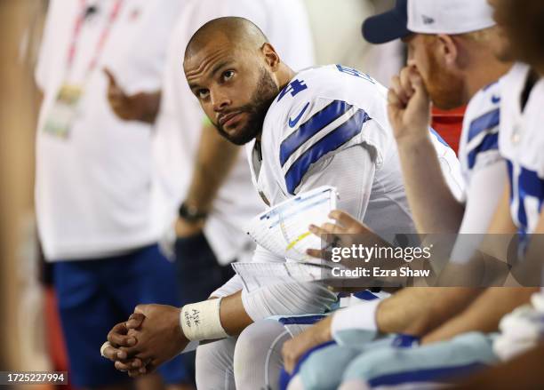 Dak Prescott of the Dallas Cowboys reacts on the bench during the fourth quarter against the San Francisco 49ers at Levi's Stadium on October 08,...