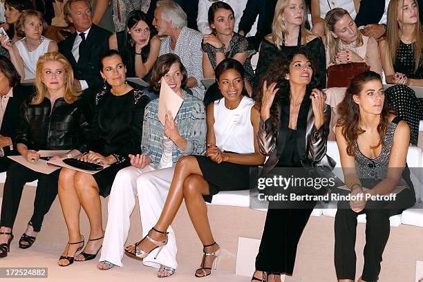 Catherine Deneuve, Roberta Armani, Milla Jovovich, Naomie Harris, Afef Jnifen and Alyson Le Borges attend the Giorgio Armani Prive show as part of...