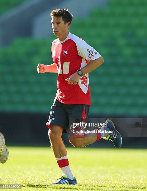 Harry Kewell of the Heart runs as he takes part in a fitness test during a Melbourne Heart A-League training session at AAMI Park on July 3, 2013 in...