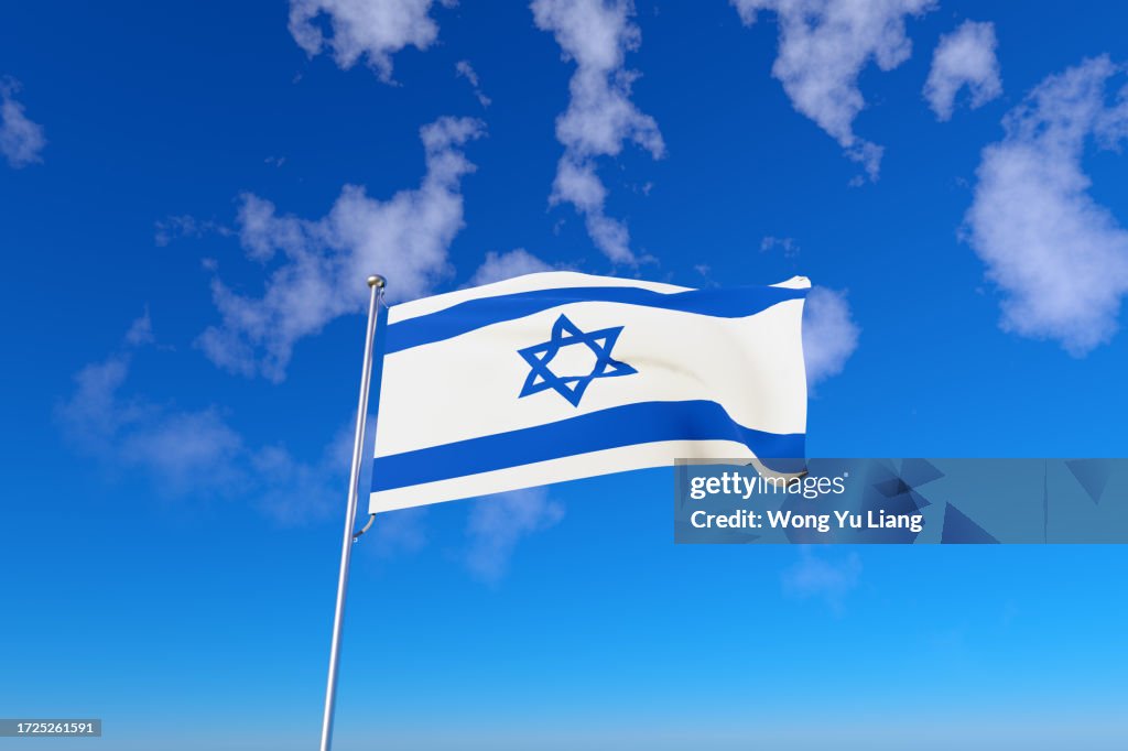 Israel Flag with blue sky background, 3D render