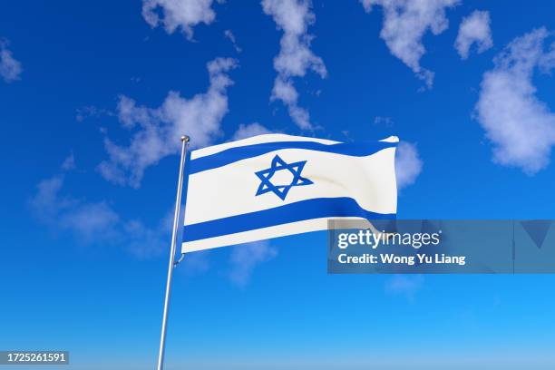 israel flag with blue sky background, 3d render - bandeira de israel imagens e fotografias de stock