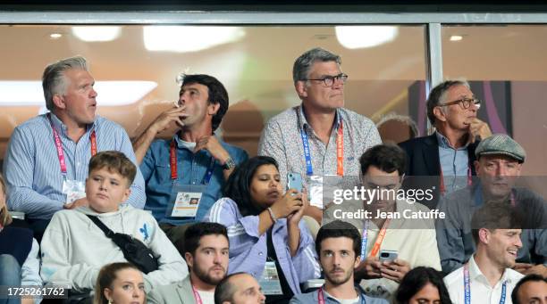 Mathieu Bastareaud, Sylvain Marconnet, Xavier Garbajosa, Fabien Pelous, Guy Noves attend the Rugby World Cup France 2023 match between Ireland and...