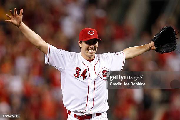 Homer Bailey of the Cincinnati Reds celebrates after throwing a no-hitter against the San Francisco Giants at Great American Ball Park on July 2,...