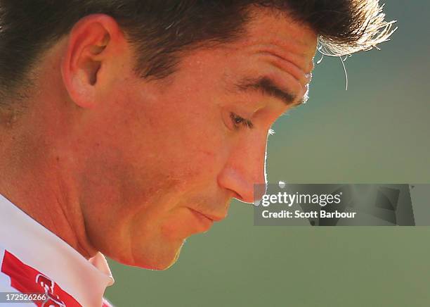 Harry Kewell of the Heart sweats during a Melbourne Heart A-League training session at AAMI Park on July 3, 2013 in Melbourne, Australia.
