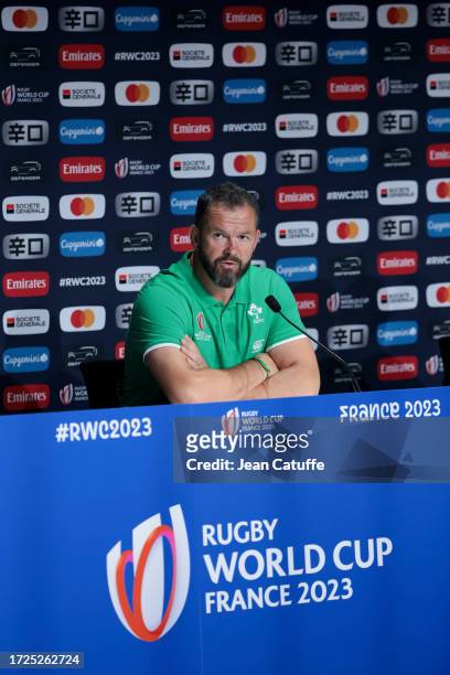 Coach of Ireland Andy Farrell speaks to the media during the post-match press conference following the Rugby World Cup France 2023 match between...