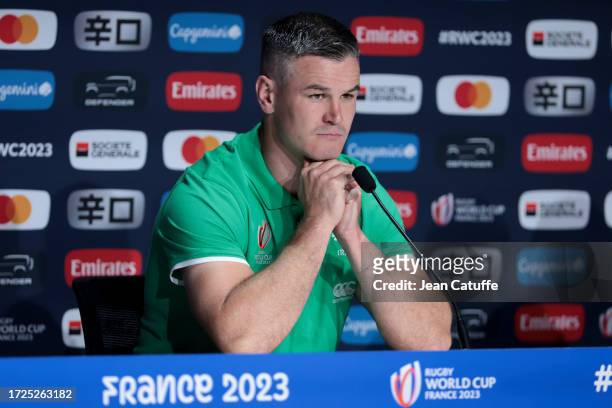 Captain Johnny Sexton of Ireland speaks to the media during the post-match press conference following the Rugby World Cup France 2023 match between...