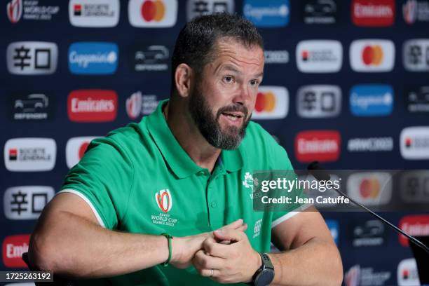 Coach of Ireland Andy Farrell speaks to the media during the post-match press conference following the Rugby World Cup France 2023 match between...