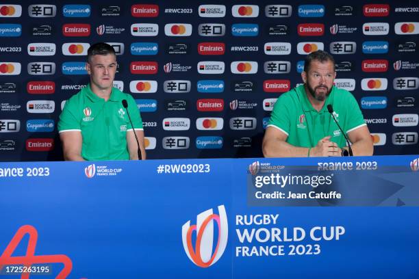 Captain Johnny Sexton of Ireland and coach of Ireland Andy Farrell speak to the media during the post-match press conference following the Rugby...