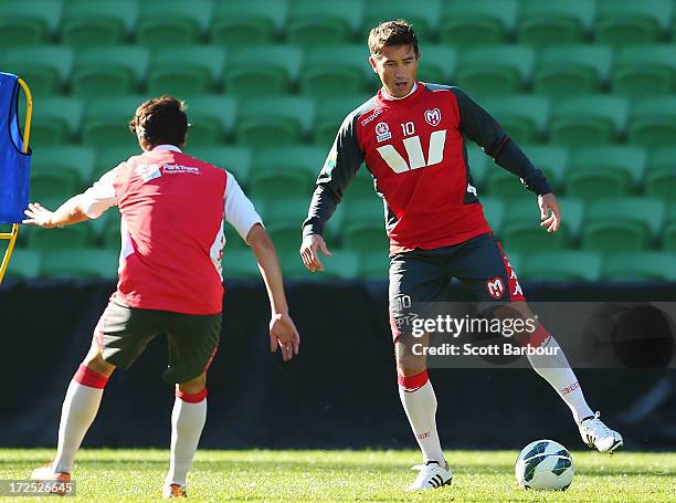 Harry Kewell of the Heart controls the ball during a Melbourne Heart A-League training session at AAMI Park on July 3, 2013 in Melbourne, Australia.