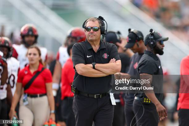Head coach Brady Hoke of the San Diego State Aztecs watches the action during the first half of the game against the Hawaii Rainbow Warriors at...