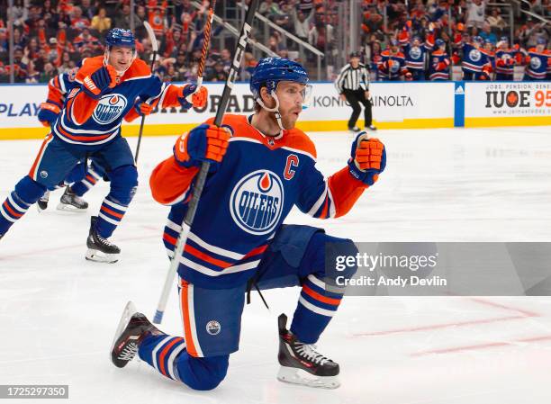 Connor McDavid of the Edmonton Oilers celebrates after his second period goal against the Vancouver Canucks at Rogers Place on October 14 in...