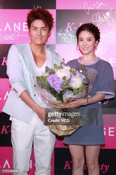 Actress Song Hye Kyo and singer Kenji Wu attend Laneige K-Beauty Cocktail Party at Marco Polo Hotel on July 2, 2013 in Hong Kong, Hong Kong.