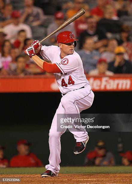 Mark Trumbo of the Los Angeles Angels of Anaheim bats in the ninth inning during the MLB game against the Pittsburgh Pirates at Angel Stadium of...