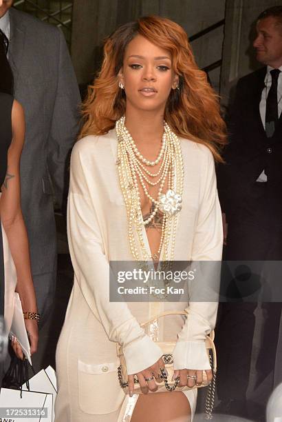 Rihanna attends the Chanel show as part of Paris Fashion Week Haute-Couture Fall/Winter 2013-2014 at the Grand Palais on July 2, 2013 in Paris,...