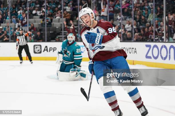 Mikko Rantanen of the Colorado Avalanche celebrates scoring the shootout winning goal against the San Jose Sharks at SAP Center on October 14, 2023...