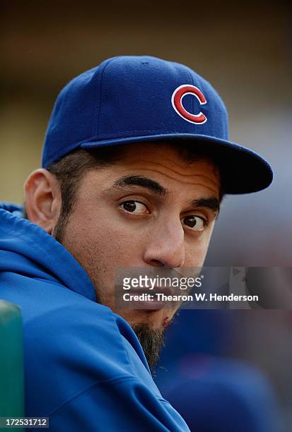 Matt Garza of the Chicago Cubs looks on from the dugout against the Oakland Athletics at O.co Coliseum on July 2, 2013 in Oakland, California.